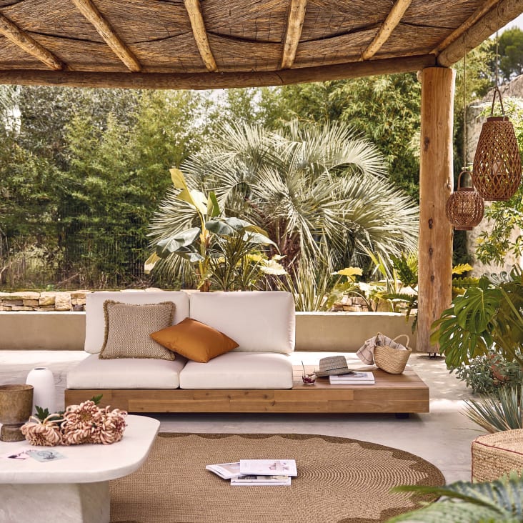 Canapé de jardin professionnel 2/3 places modulable en bois d'acacia et toile recyclée écrue-Bedia Business ambiance-5