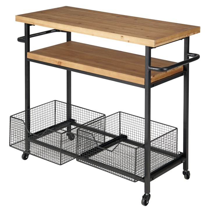 Carrello A 1 Cassetto In Metallo Nero Con 3 Ripiani In Abete Rosso Su Rotelle George 201571