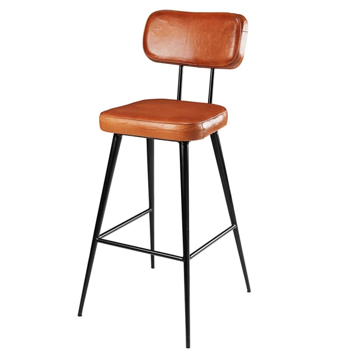 Chaise de bar en cuir de chèvre marron et métal noir H75-Clapper