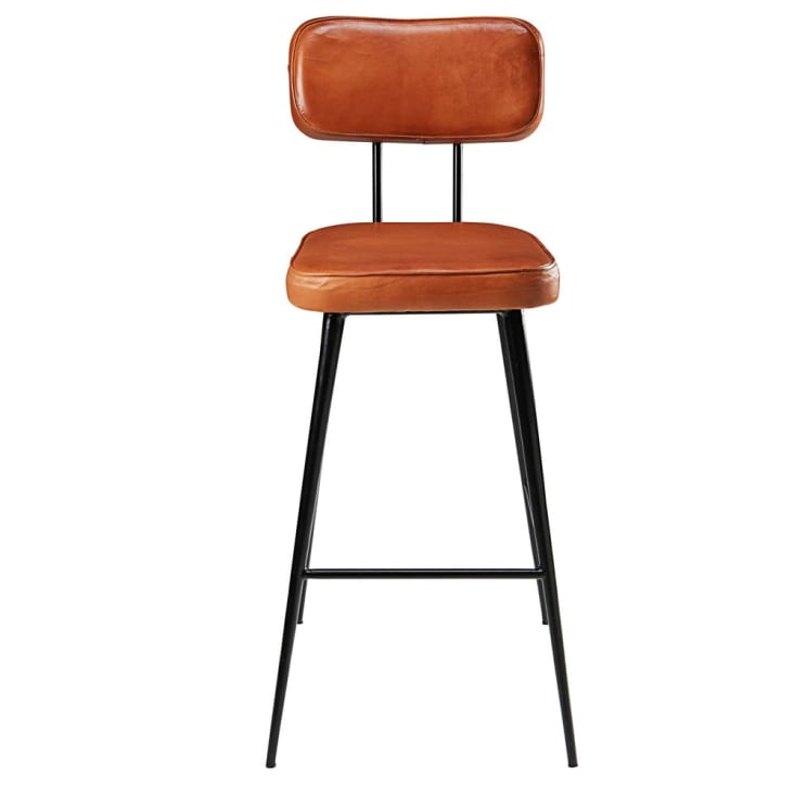 Chaise de bar en cuir de chèvre marron et métal noir H75-Clapper cropped-2
