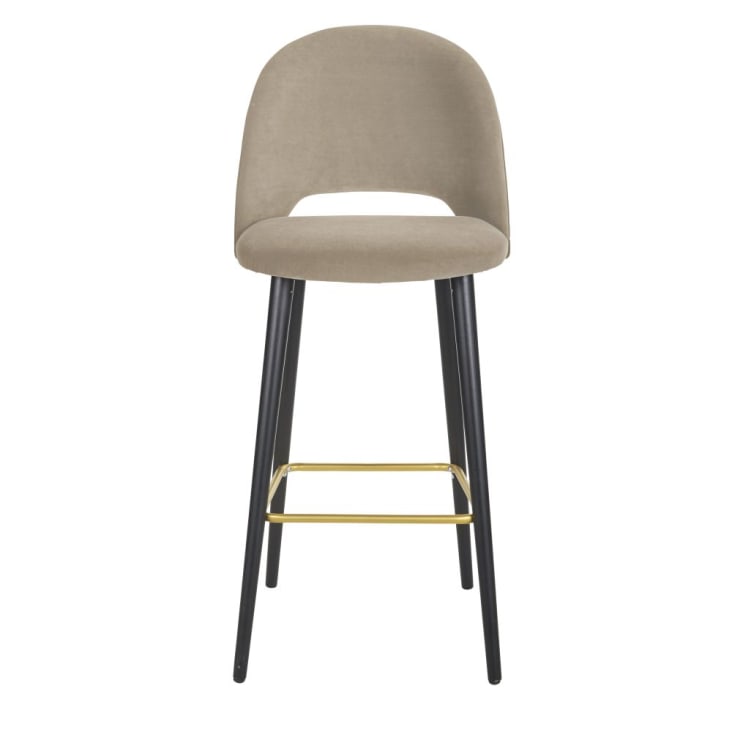 Chaise de bar en velours beige cappuccino et pieds en bois de frêne noir et métal doré H82-Isys cropped-2