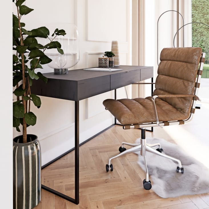 Chaise de bureau à roulettes à bouclettes blanches et métal coloris laiton  Mauricette