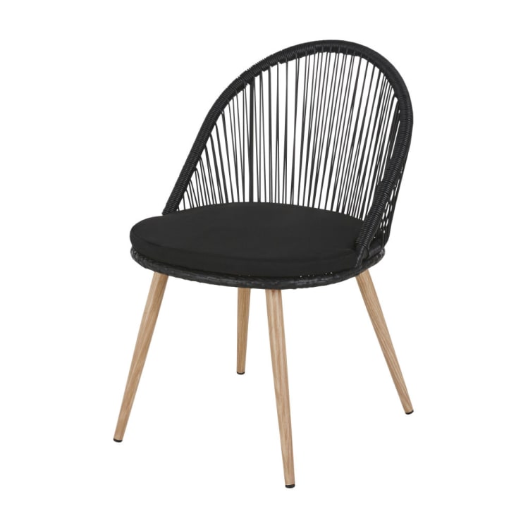 Chaise de jardin en résine tressée noire et métal imitation bois-Isabel