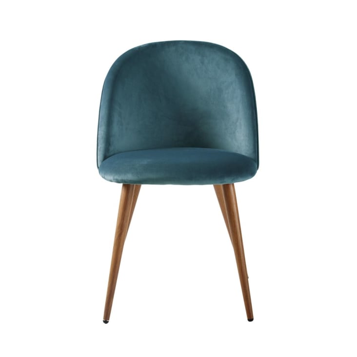 Chaise vintage en velours bleu paon et métal imitation chêne-Mauricette cropped-2