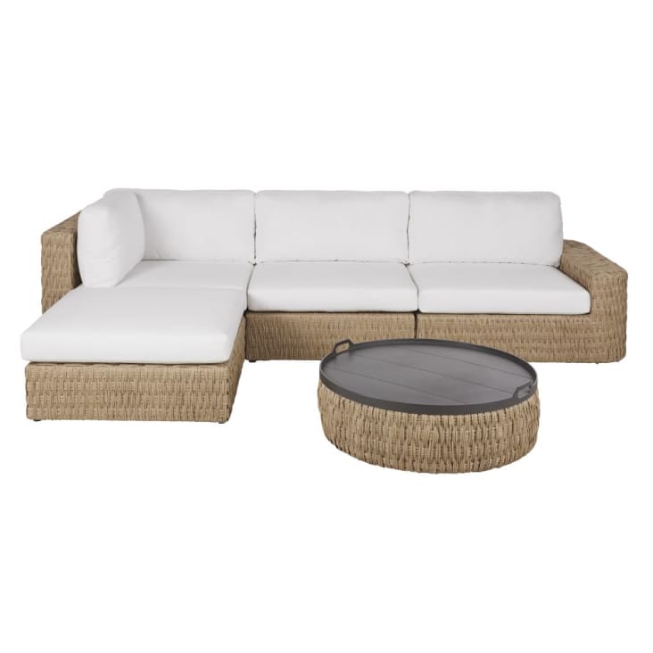 Chauffeuse per divano da giardino modulabile in resina intrecciata e cuscini écru-Toranga cropped-7