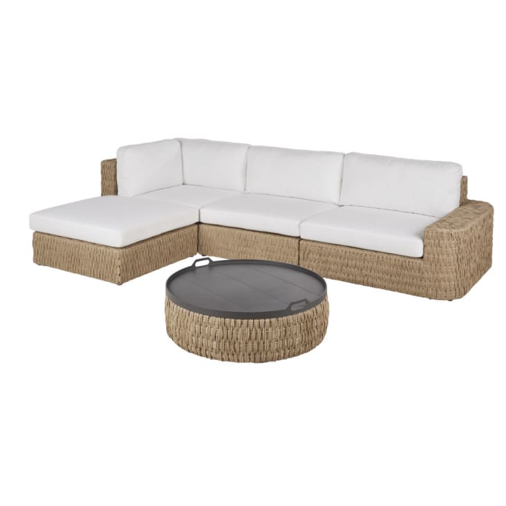 Chauffeuse per divano da giardino modulabile in resina intrecciata e cuscini écru-Toranga cropped-5