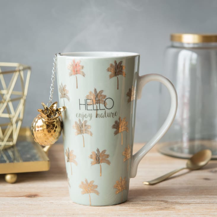 Coffret tasse avec infuseur à thé en porcelaine motifs dorés PALM TREE