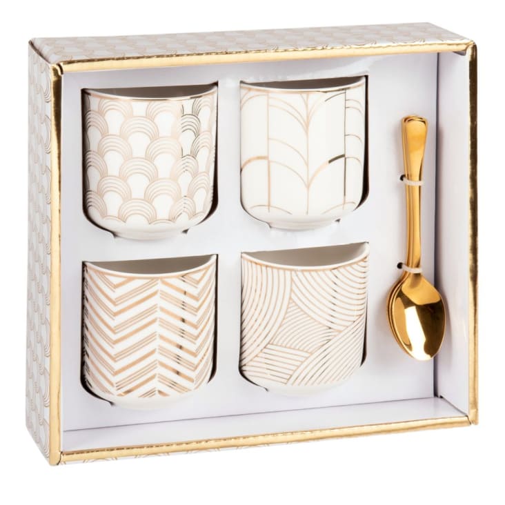 Coffret tasses en porcelaine blanche motifs graphiques (x4) et cuillères en métal doré-MILAN