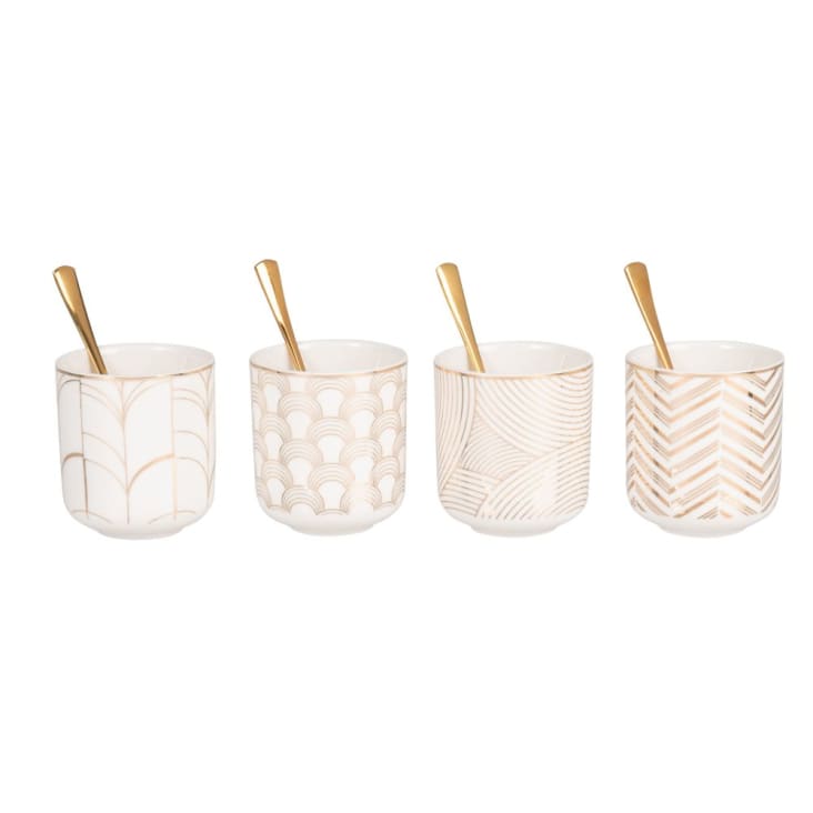Coffret tasses en porcelaine blanche motifs graphiques (x4) et cuillères en métal doré-MILAN cropped-2