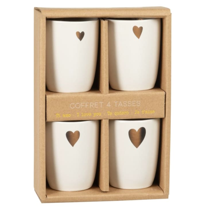Coffret tasses (x4) en grès blanc motifs cœurs dorés AMORE | Maisons du Monde