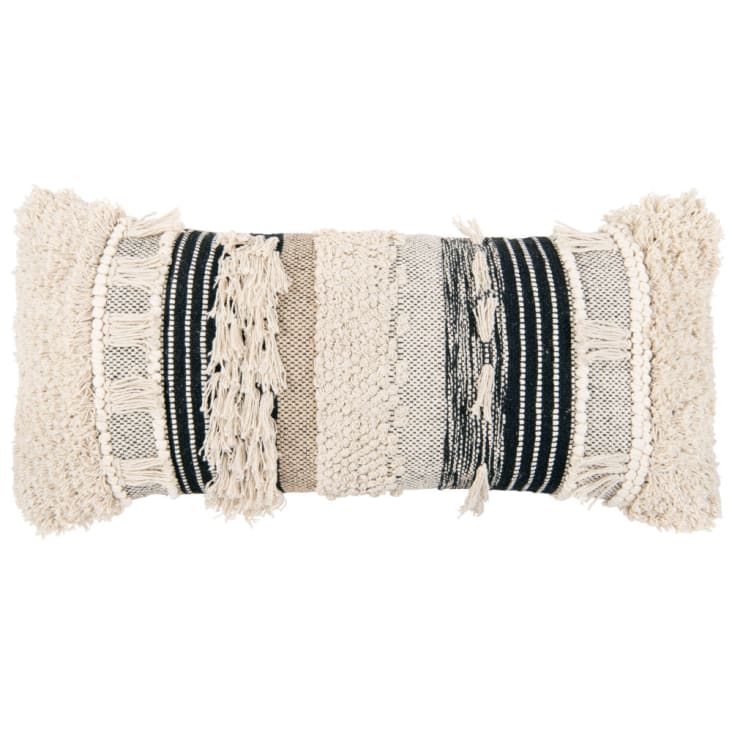 Cojín de algodón reciclado bordado color crudo, beis y negro 35 x 80-ABDY