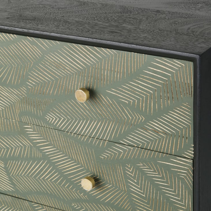 Commode 3 tiroirs en manguier noir sculpté motifs feuilles-Manaos cropped-3