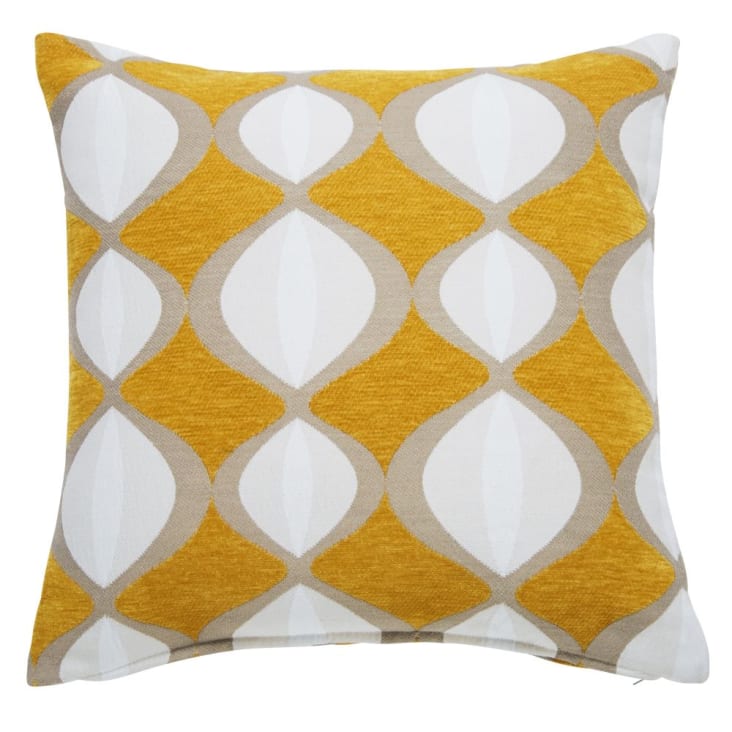 Coussin tissé jacquard motifs graphiques jaune moutarde, blancs et beiges 45x45-TWIGGY