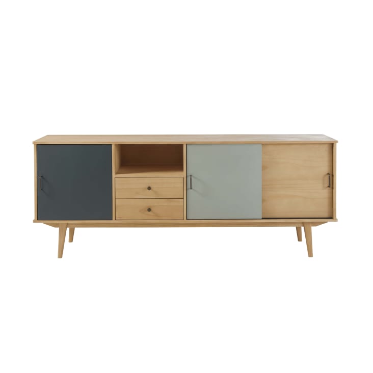 Credenza bassa lunga a 3 ante e 2 cassetti grigio, grigio blu ed écru