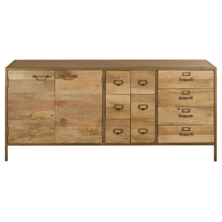 Credenza in stile industriale a 2 ante e 10 cassetti in metallo color ottone e legno massello di