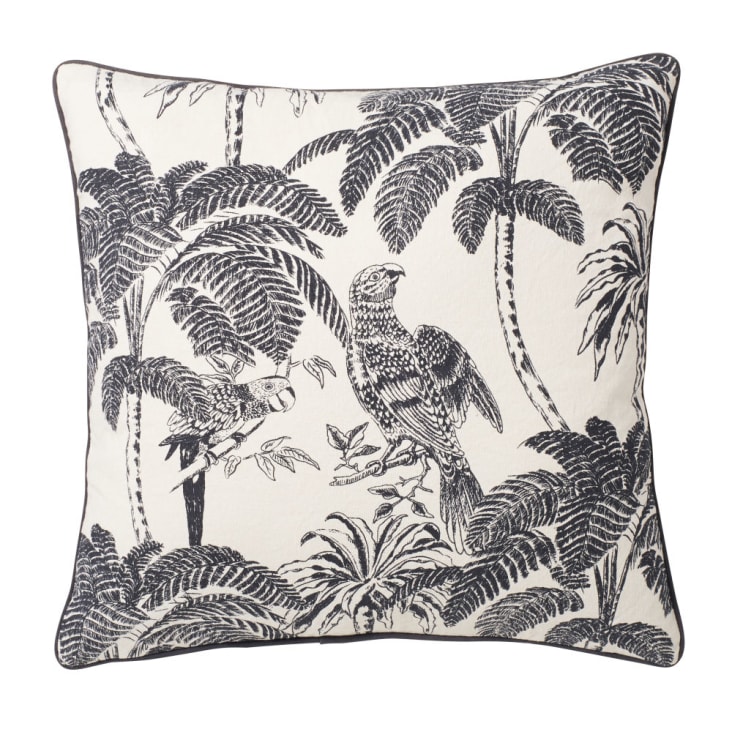 Cuscino in cotone beige con motivo tropicale stampato grigio antracite 45x45 cm-PARADIS