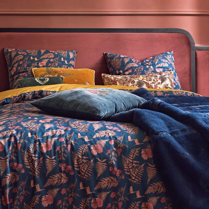 Cuscino in velluto di cotone blu navy con motivo floreale ricamato  multicolore 50x30 cm ROGGIA