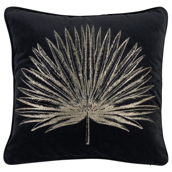 Cuscino in velluto di cotone nero foglia di palma dorata ricamata 45x45 cm-LINDERO