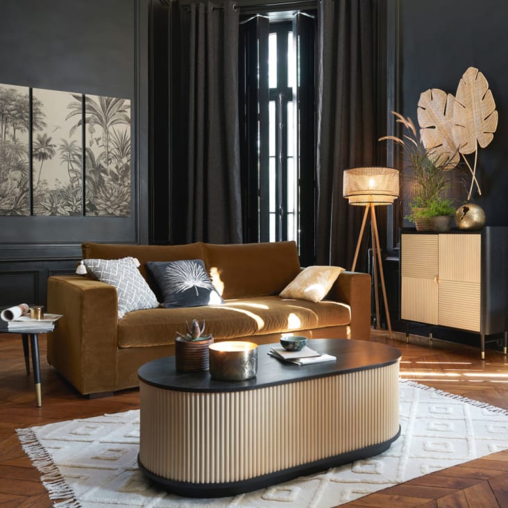 Cuscino in velluto di cotone nero foglia di palma dorata ricamata 45x45 cm-LINDERO ambiance-6