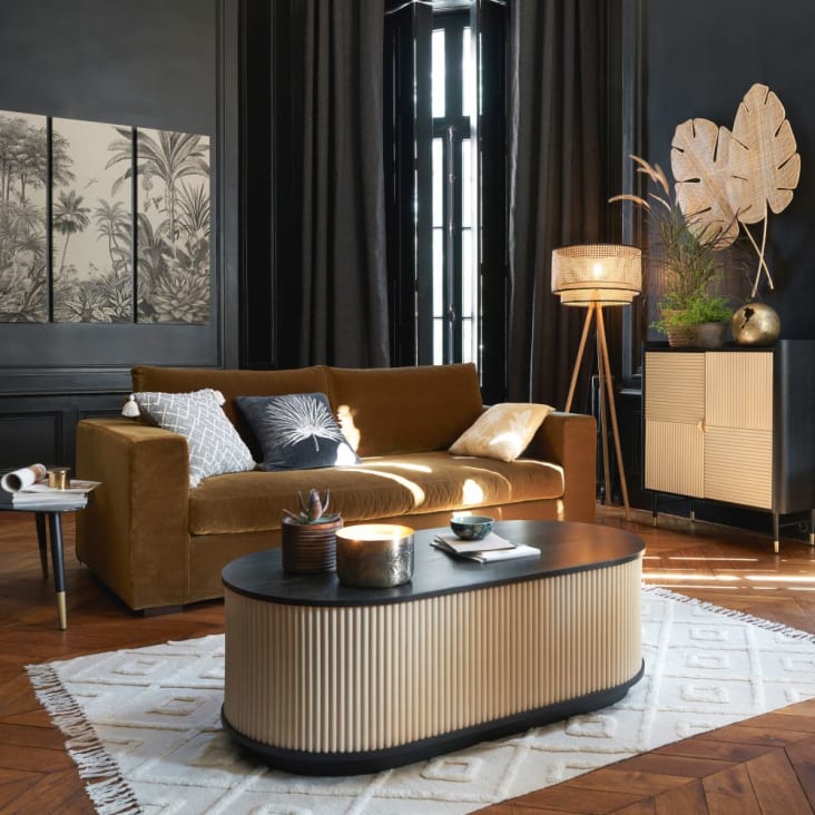 Cuscino in velluto di cotone nero foglia di palma dorata ricamata 45x45 cm-LINDERO ambiance-4