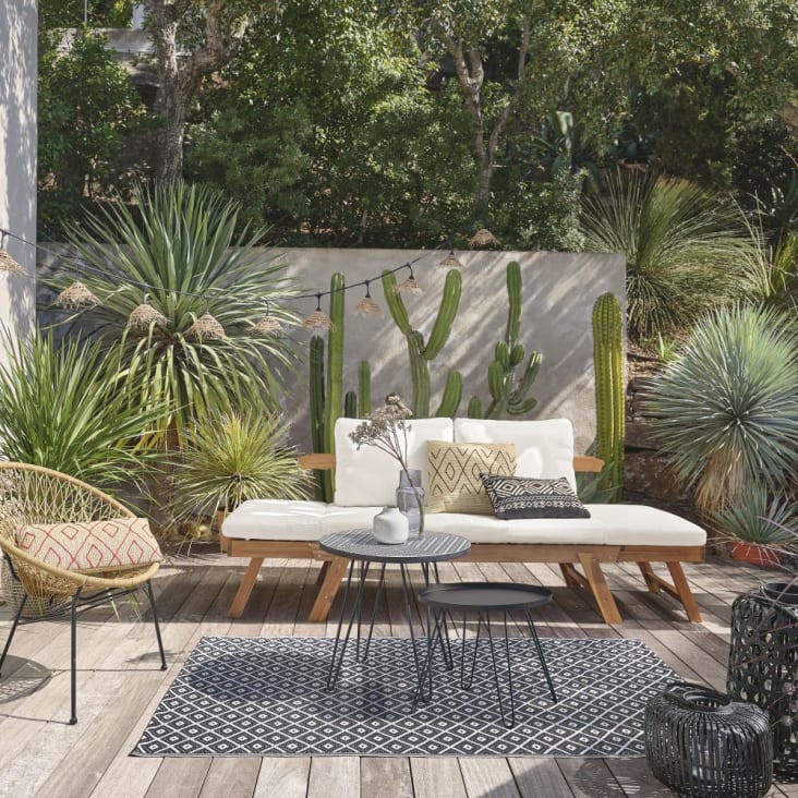 Divanetto da giardino componibile 3 posti in acacia e cuscini écru in tela  riciclata Relax