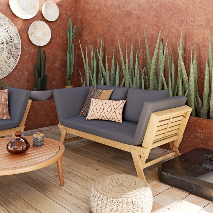 Divanetto da giardino componibile 3 posti in legno di acacia e cuscini in  tessuto riciclato grigio antracite Relax