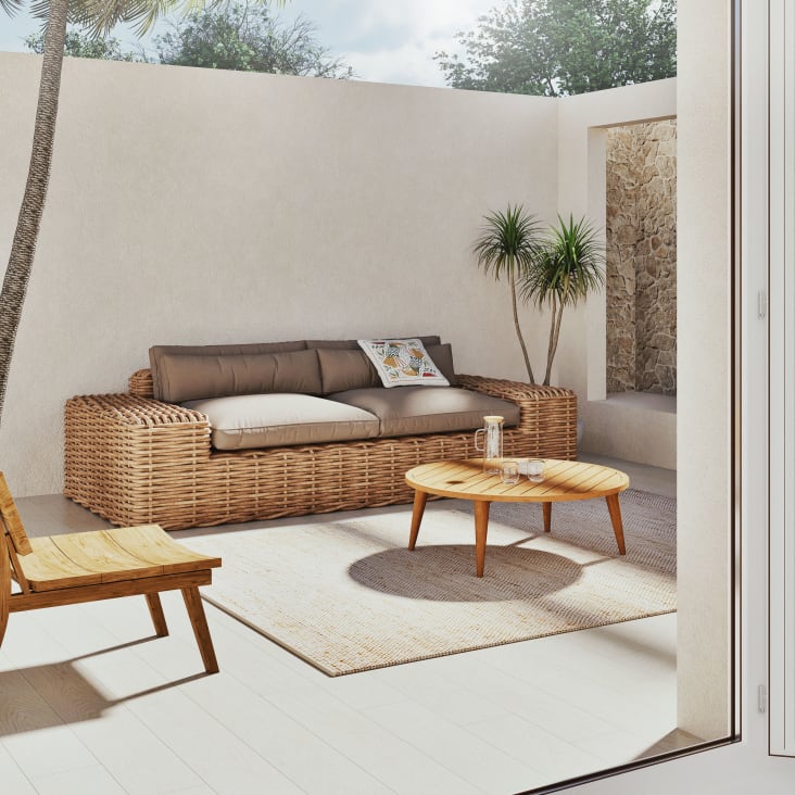 Divano Giardino 2/3 Posti In Rattan Naturale - Con Cuscini Bianco Crema, 155x78x67 Cm - Foto 13