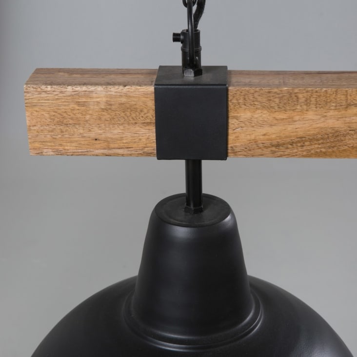 Dubbele hanglamp van zwart metaal en mangohout-James detail-4