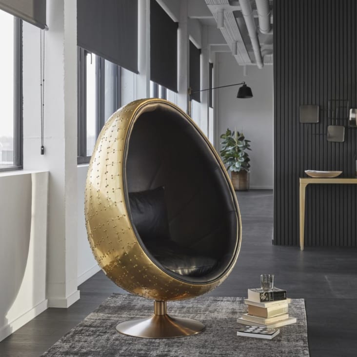 Eiförmiger Sessel im Industriestil, schwarzer Lederbezug-Coquille ambiance-7