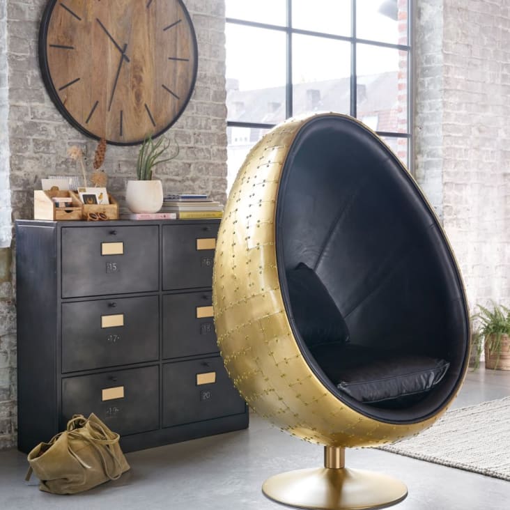 Eiförmiger Sessel im Industriestil, schwarzer Lederbezug-Coquille ambiance-6