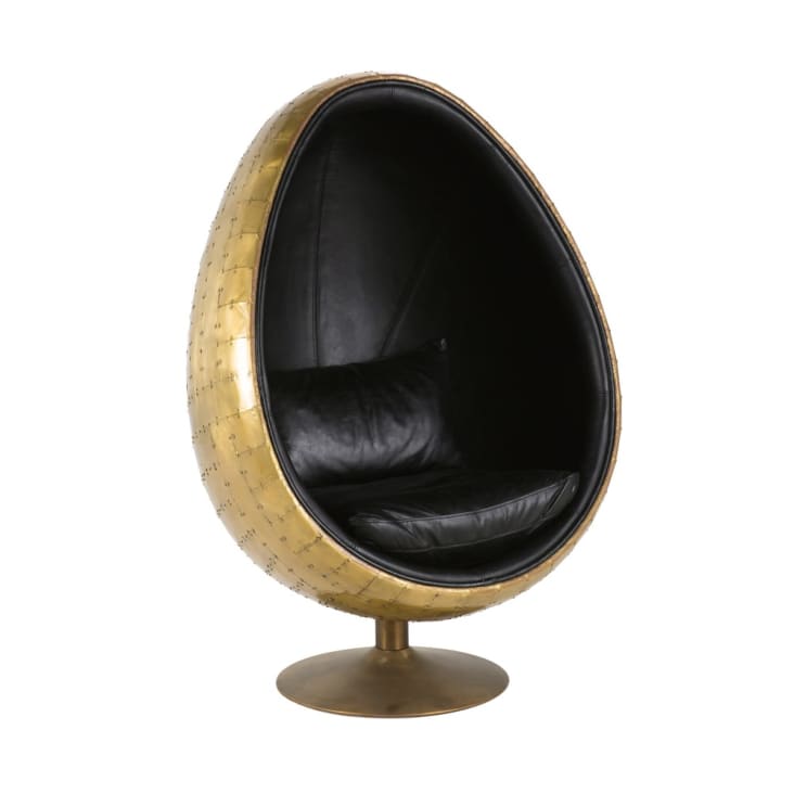 Eiförmiger Sessel im Industriestil, schwarzer Lederbezug-Coquille