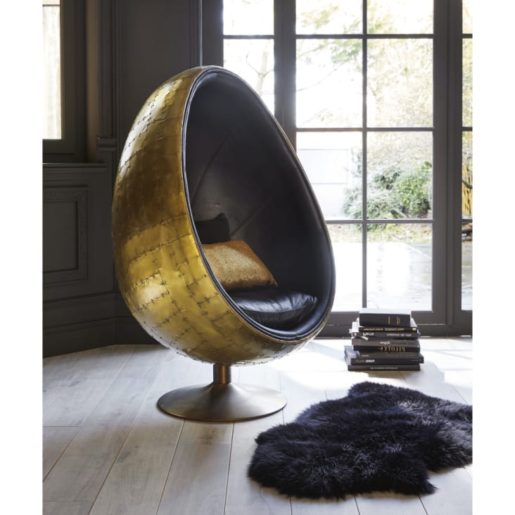 Eiförmiger Sessel im Industriestil, schwarzer Lederbezug-Coquille ambiance-9