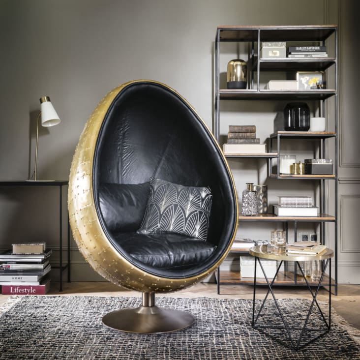 Eiförmiger Sessel im Industriestil, schwarzer Lederbezug-Coquille ambiance-10