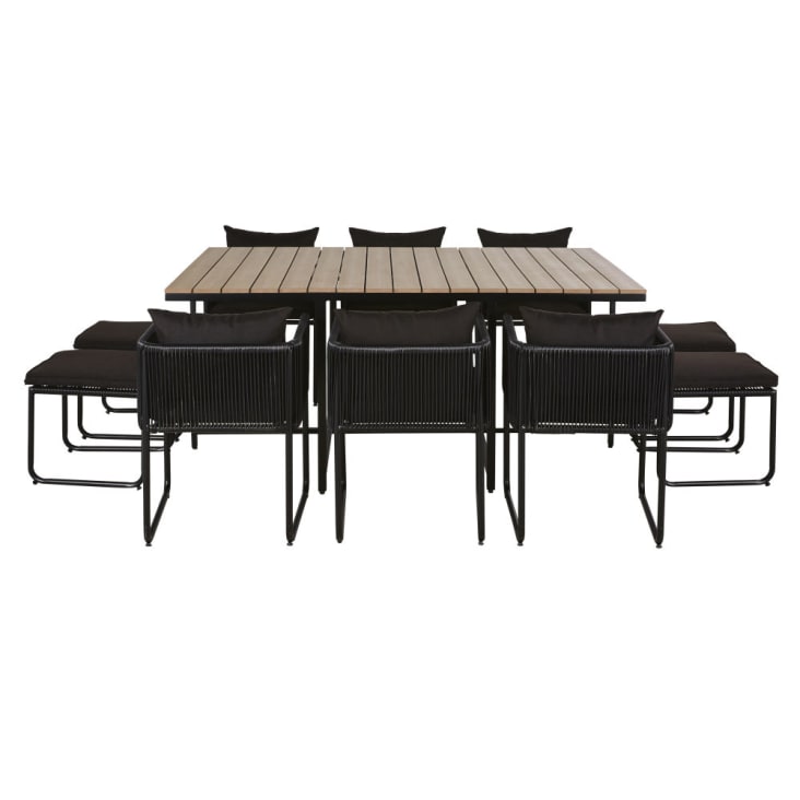 Ensemble table en composite imitation teck 6/10 personnes avec fauteuils et tabourets en résine noire de jardin-Swann