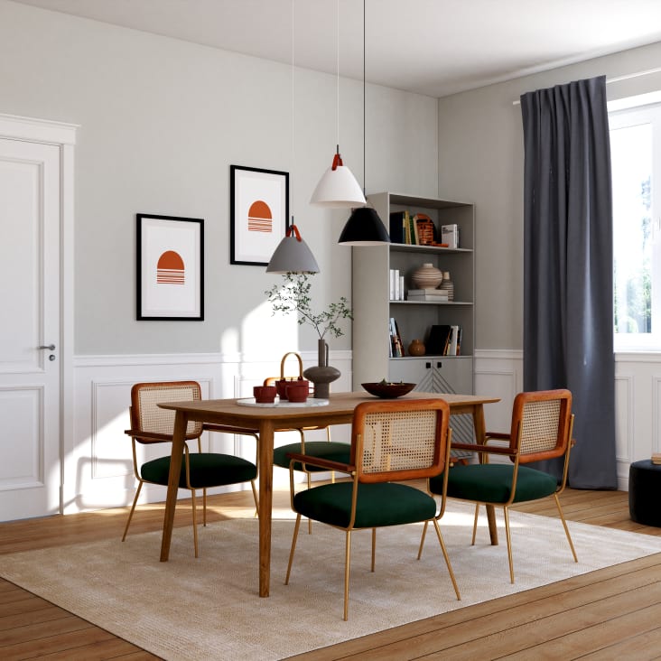 Esstischstuhl aus Rattangeflecht mit grunem Samtbezug Rosalie Maisons du Monde