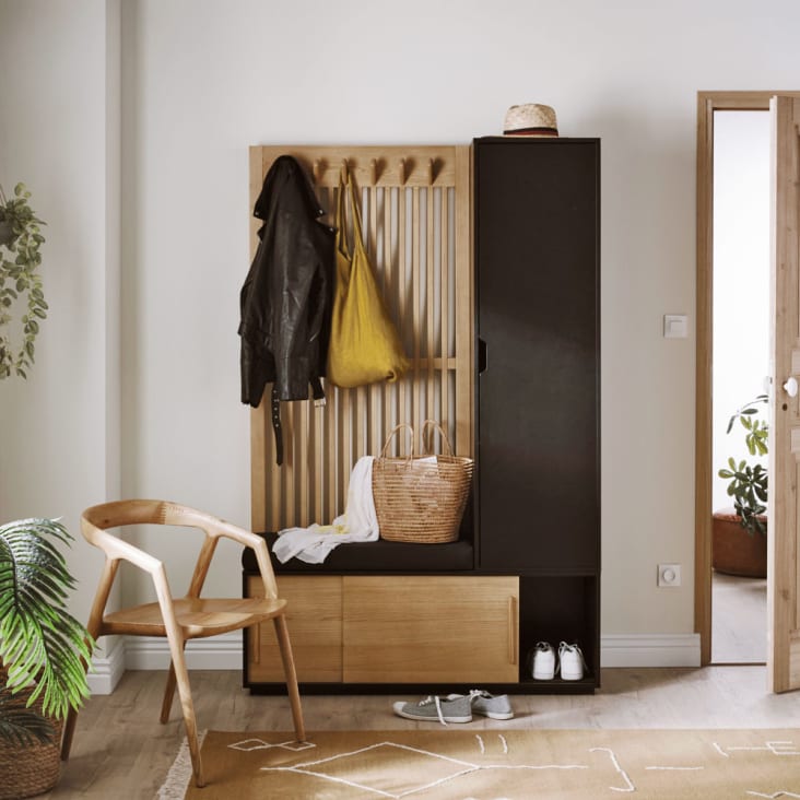 Garderobe mit 3 Türen und Kleiderstange aus Eschenholz, anthrazitgrau und  schwarz | Maisons du Monde