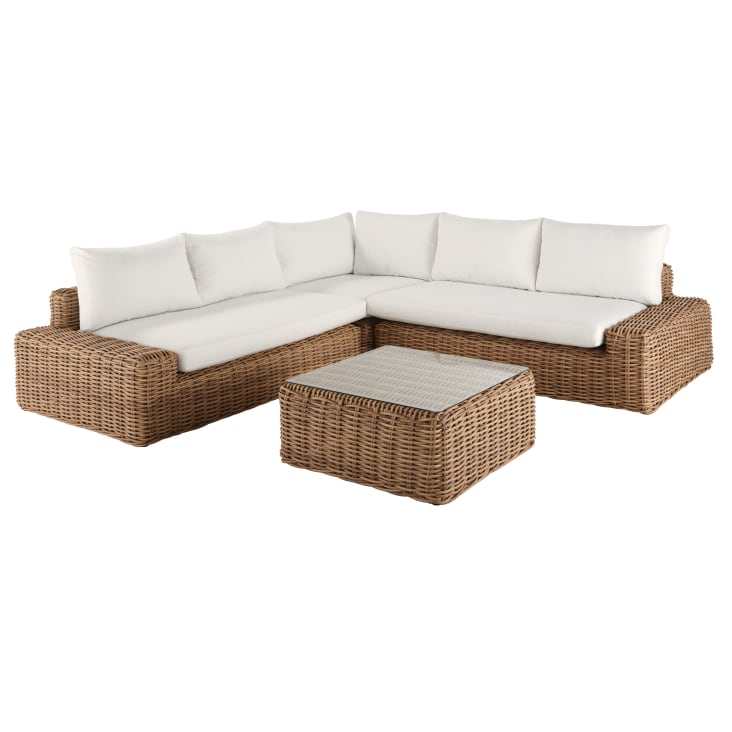 Gartenlounge für 5 Personen in Rattanoptik mit weißen Kissen aus
