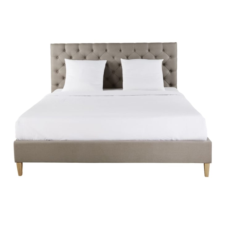 Gepolstertes Bett aus Leinen mit Lattenrost, taupe, 140x190cm-Chesterfield
