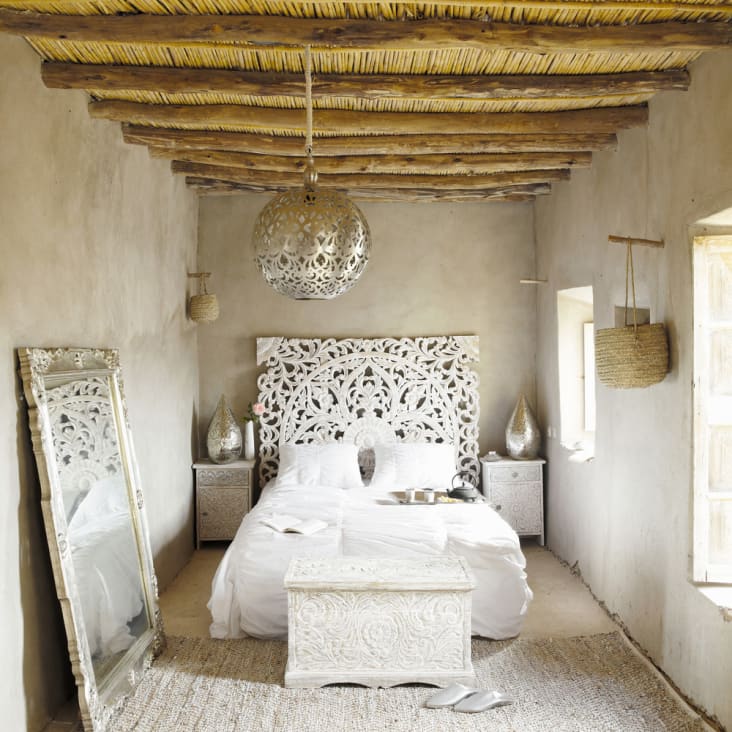 Geschnitztes 160 Bett-Kopfteil aus massivem Mangoholz, weiß-Kerala ambiance-8