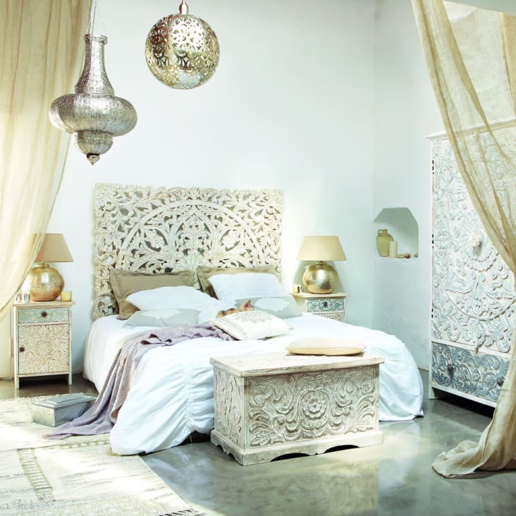Geschnitztes 160 Bett-Kopfteil aus massivem Mangoholz, weiß-Kerala ambiance-7