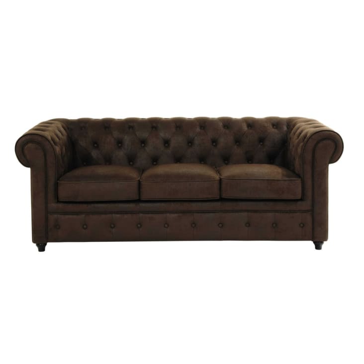 Gestepptes 3-Sitzer-Sofa aus Wildlederimitat, braun-Chesterfield