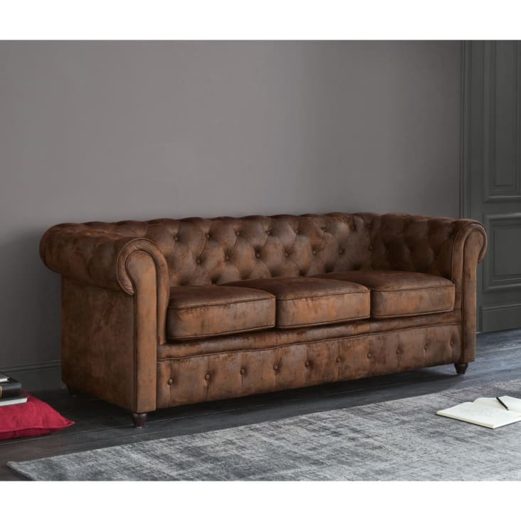 Gestepptes 3-Sitzer-Sofa aus Wildlederimitat, braun-Chesterfield ambiance-3