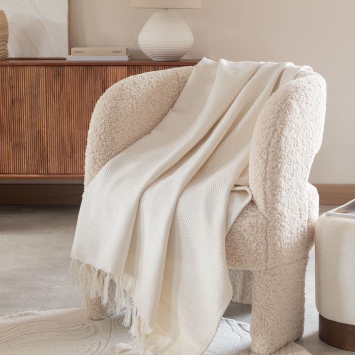 Gewebte Jacquard-Decke aus Baumwolle mit Relief, weiß, 170x130cm-KARLI ambiance-3