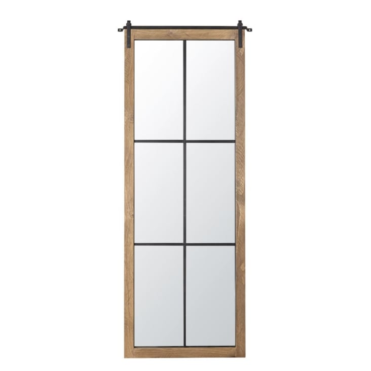 Grand miroir fenêtre rectangulaire en bois de pin et métal noir effet vieilli 74x180-JAYDEN