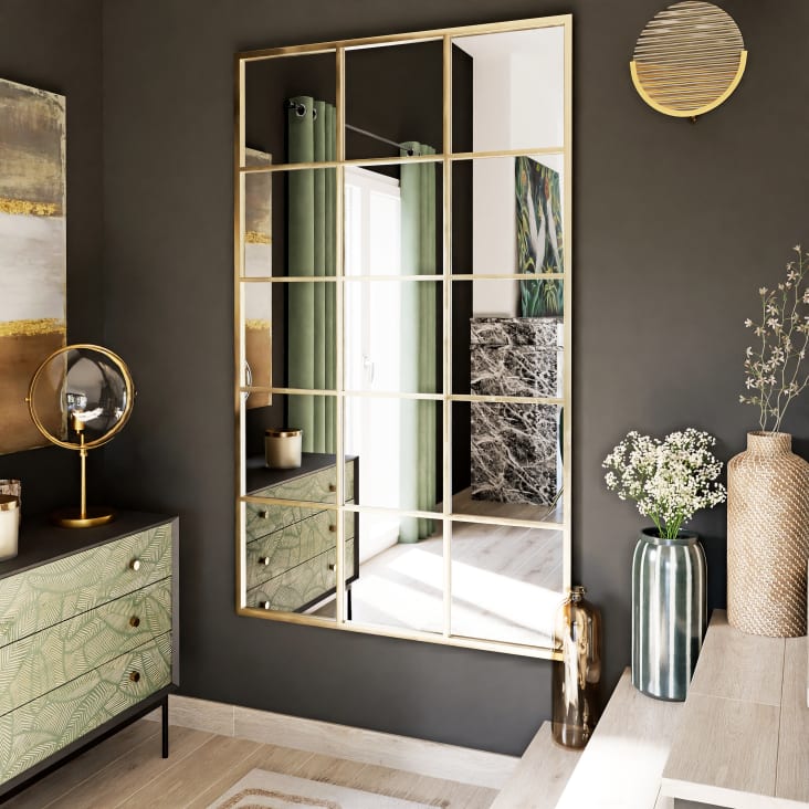 Grand miroir fenêtre rectangulaire en métal doré 109x181-CARTER ambiance-4