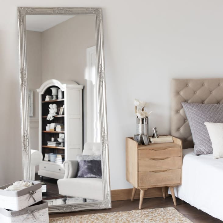 Grand miroir rectangulaire à moulures en bois de paulownia argenté 80x190-ENZO ambiance-0