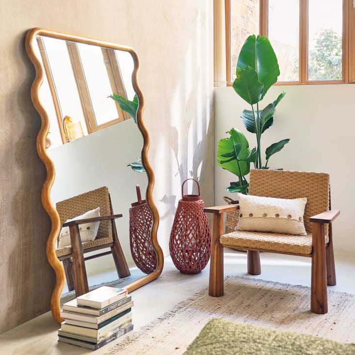Grande specchio rettangolare ondulato in legno di teak 120x170 cm