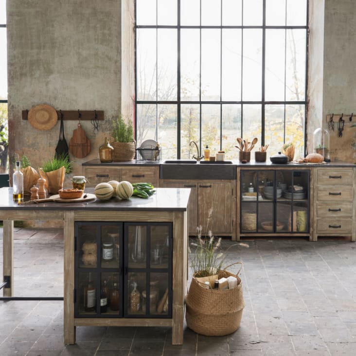 Grey Recycled Pine Kitchen Base Unit with 2 Glazed Doors-Greta ambiance-6