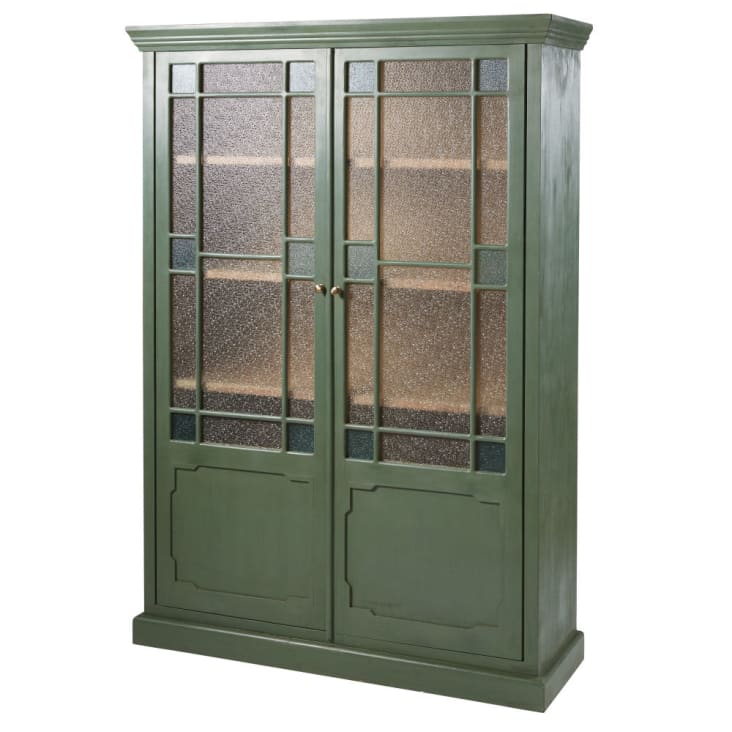 Groene vitrinekast met 2 deuren van massief acaciahout en granietachtig glas-Magdalena cropped-2