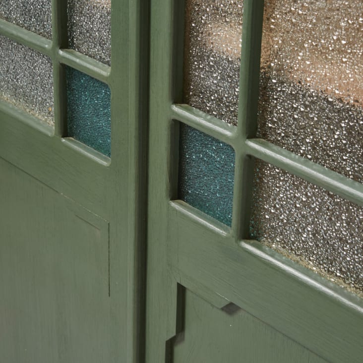 Groene vitrinekast met 2 deuren van massief acaciahout en granietachtig glas-Magdalena cropped-6